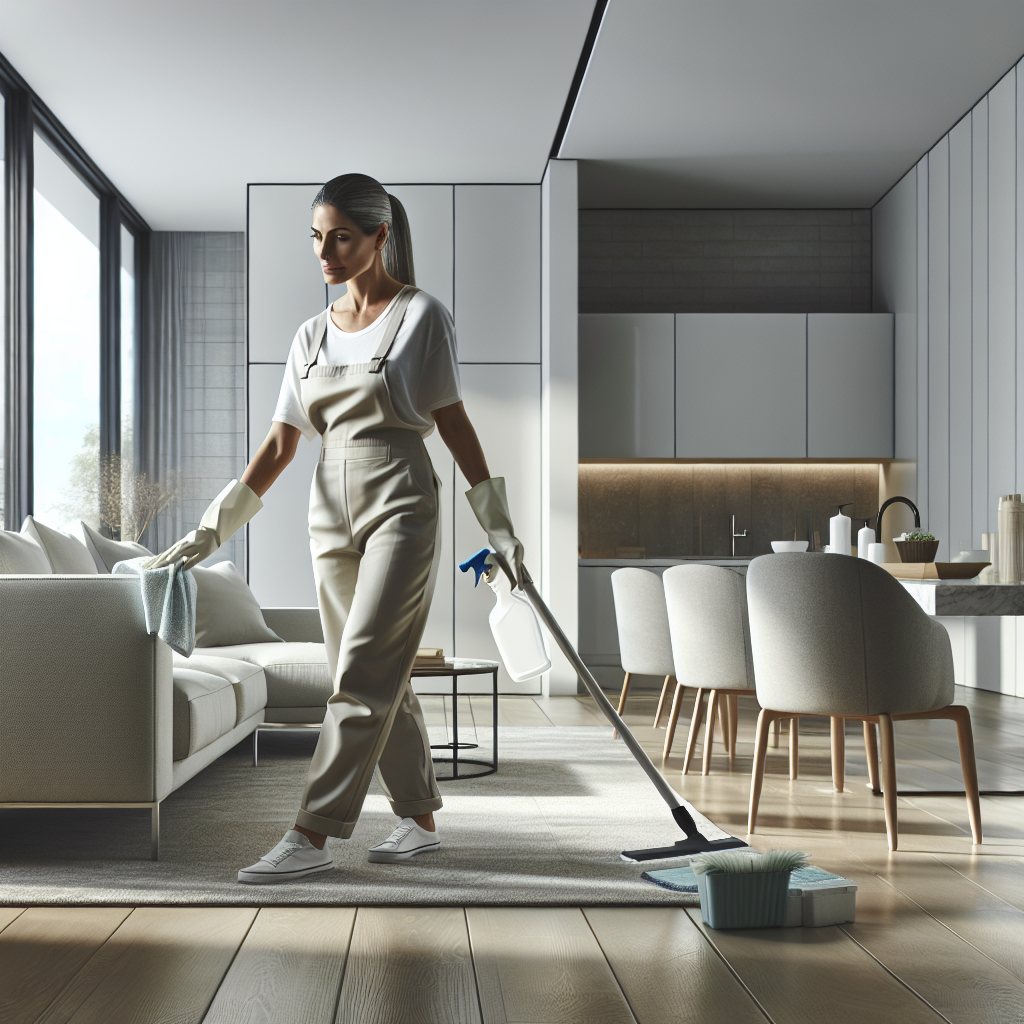 A modern, clean living room with a professional cleaner using eco-friendly products.