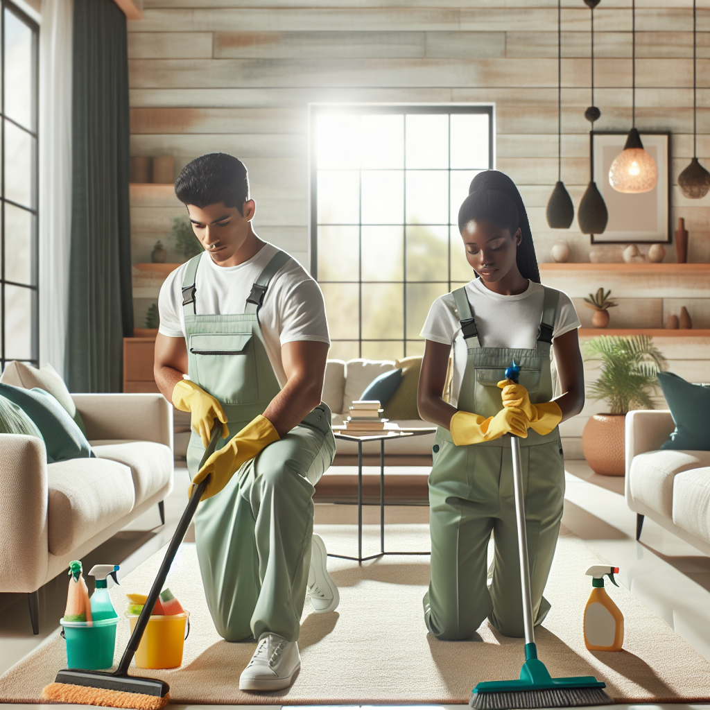 Professional cleaners working inside a clean and modern living room.