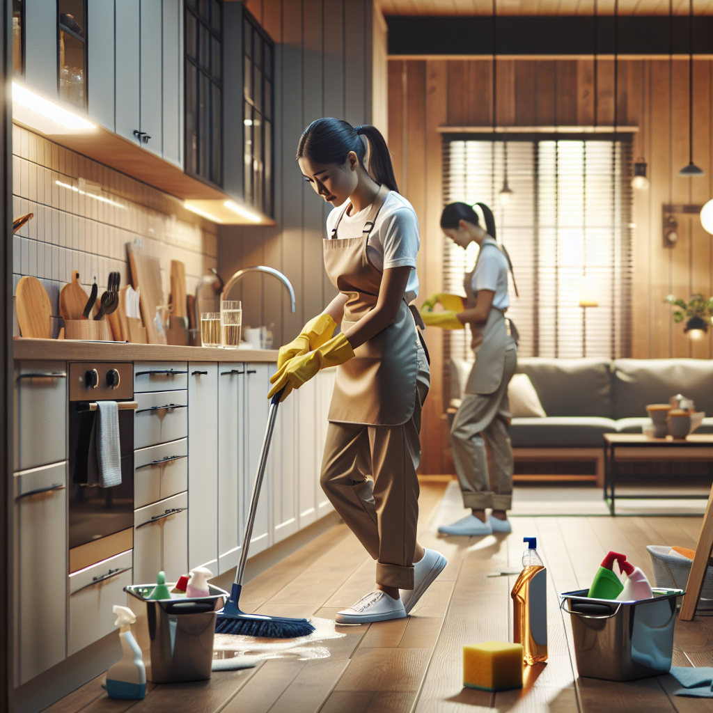 A cleaning professional in a tidy apartment, scrubbing kitchen appliances with visible cleaning supplies.