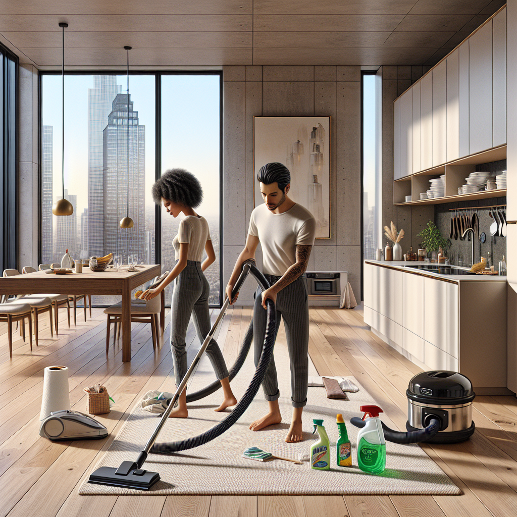 A couple cleaning an empty apartment before moving out.