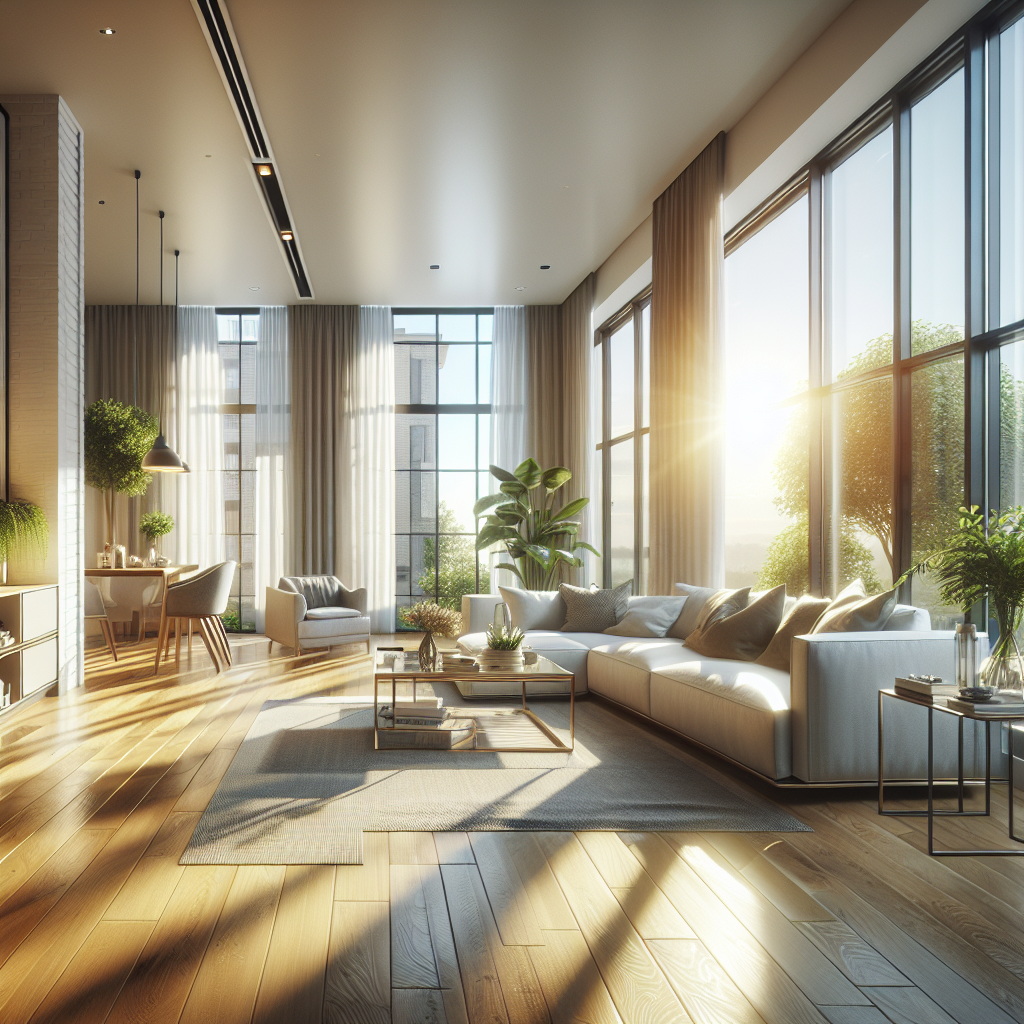 A clean, modern living room with natural light and houseplants.