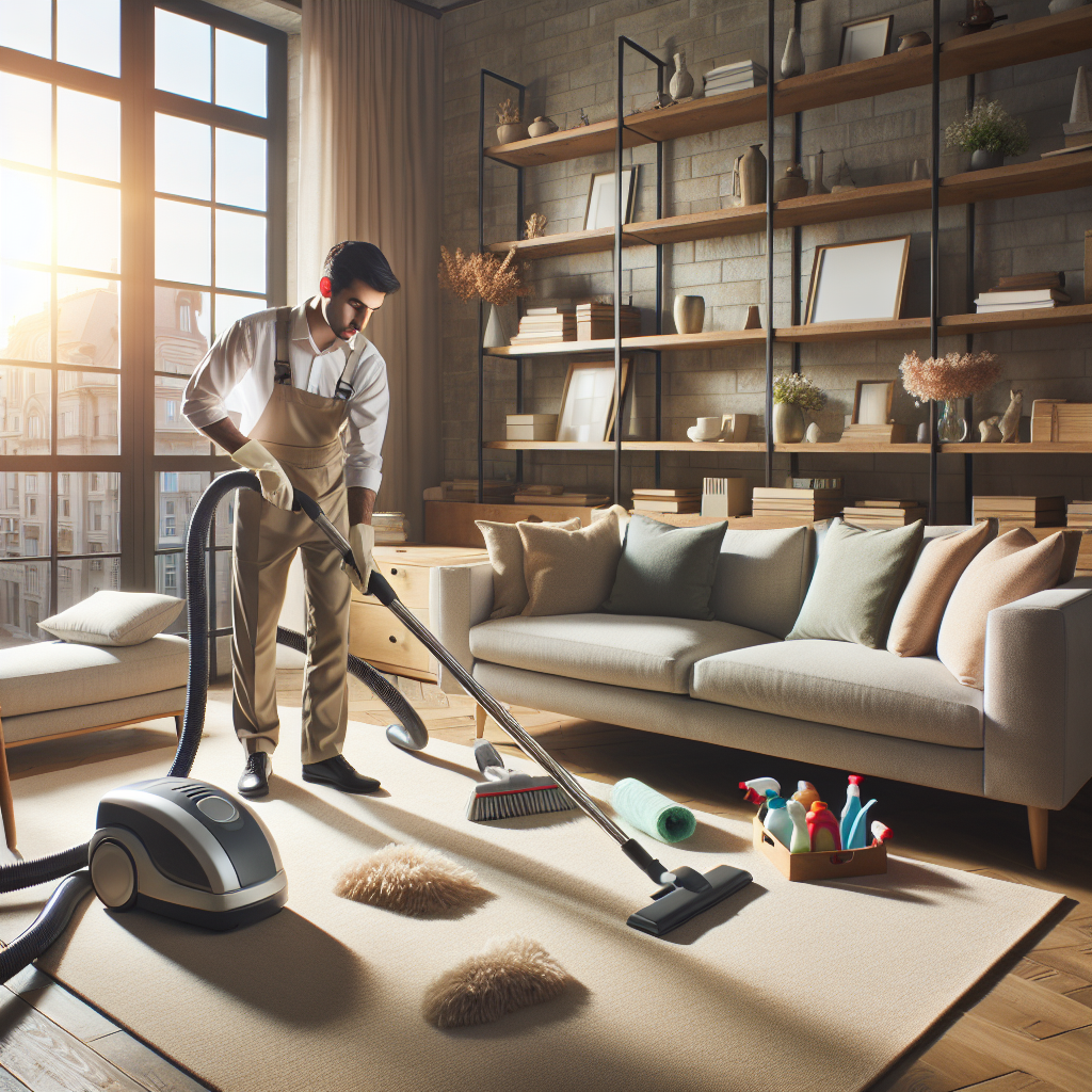 A professional cleaner tidying up a bright and cozy living room.