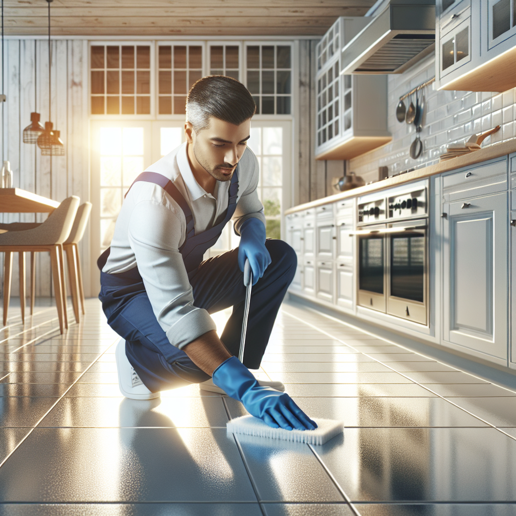 A professional cleaner in a blue uniform deep cleaning a modern kitchen with stainless steel appliances and white cabinets.