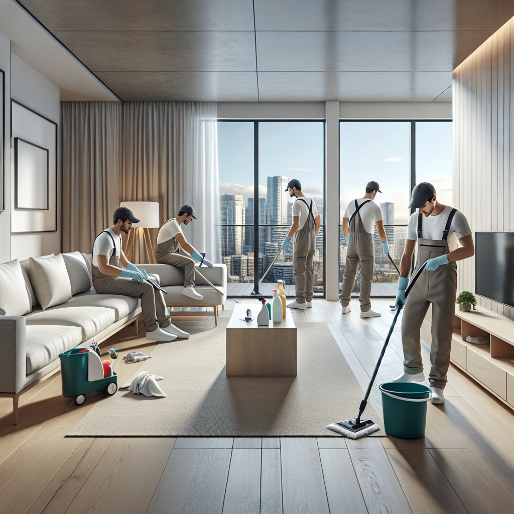 Professional cleaners tidying a modern apartment with a view of the Edmonton skyline.