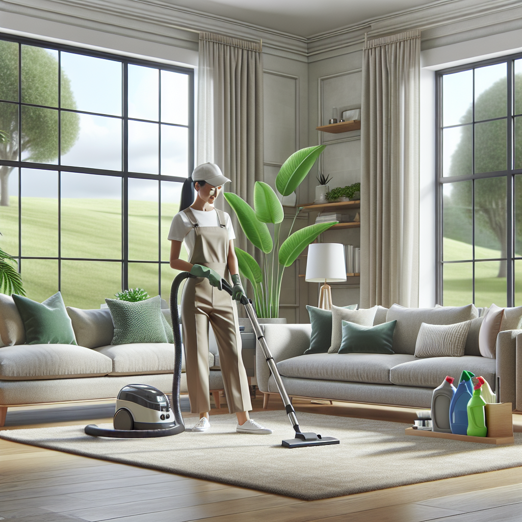 A professional cleaner vacuuming a modern, tidy living room with eco-friendly cleaning products.