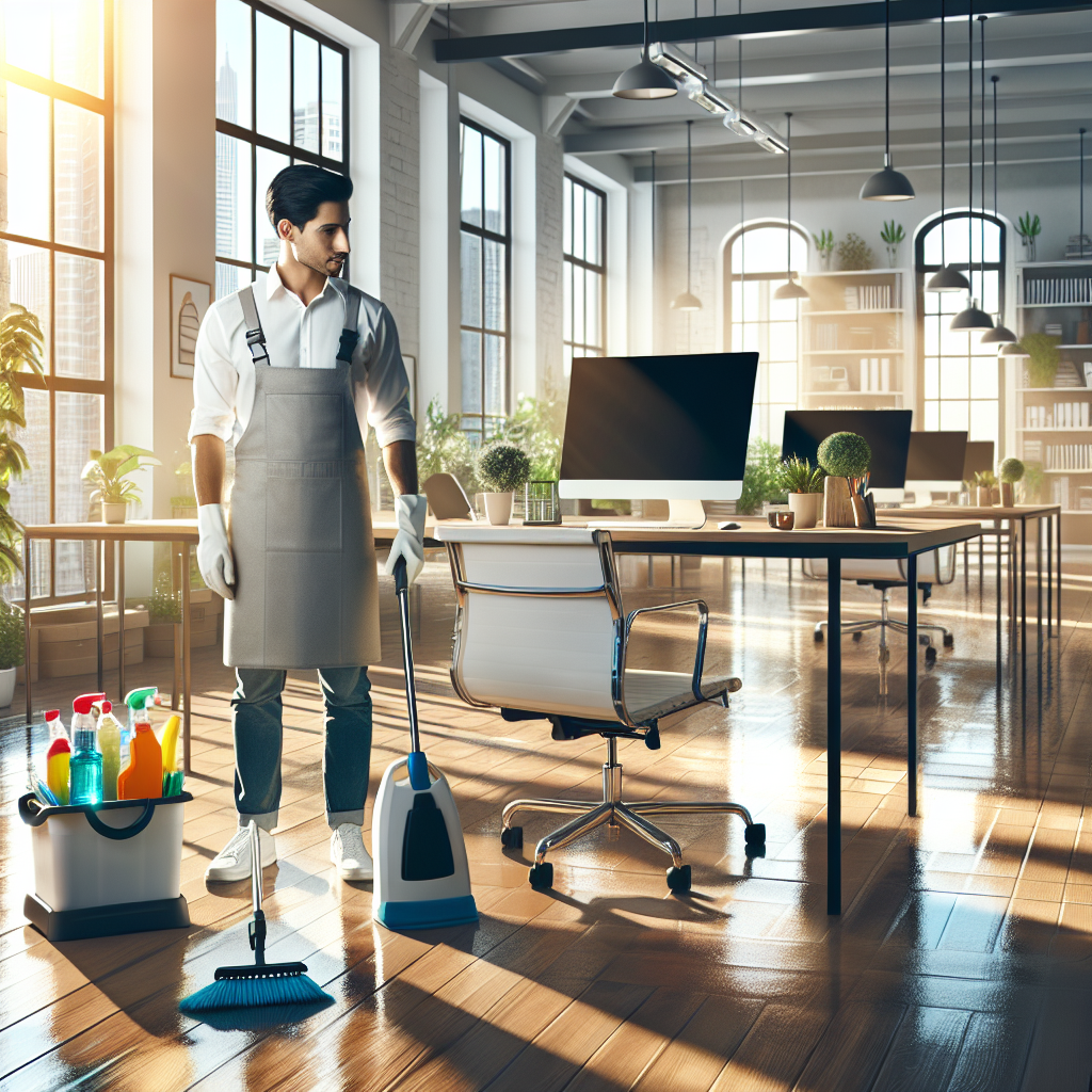 Professional cleaner in a modern office using eco-friendly supplies, with sunlight streaming through large windows.