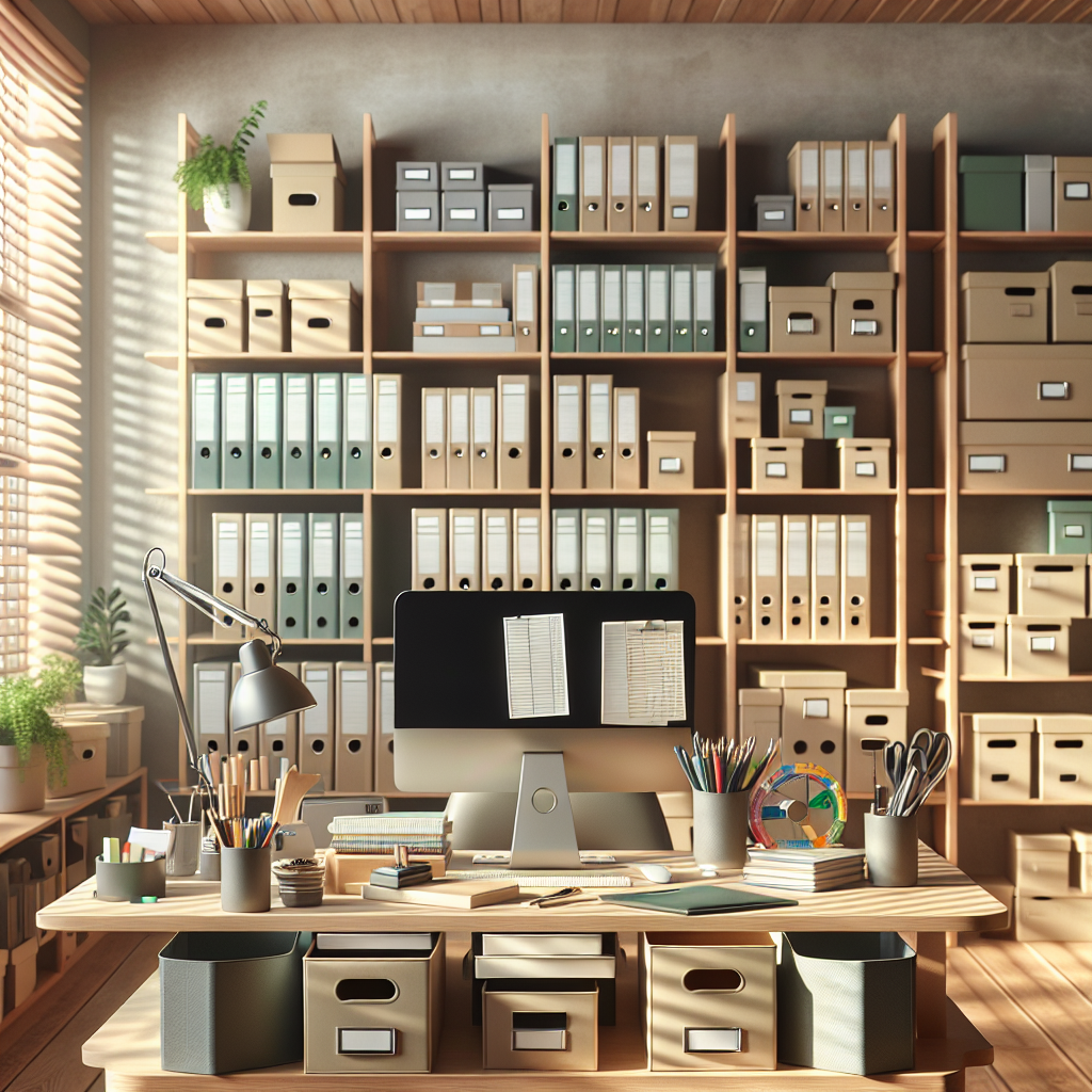 A professional organizer's workspace with neatly arranged organizing tools and materials.