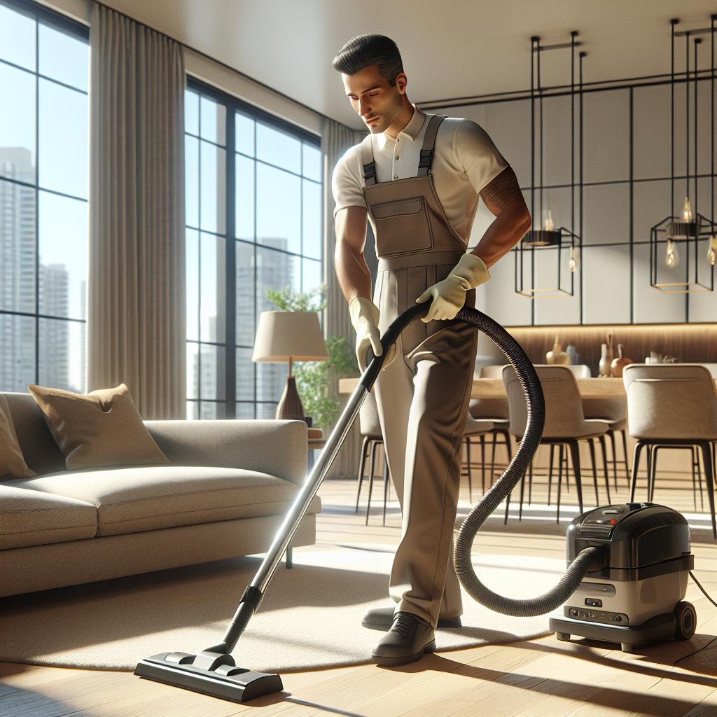 A professional house cleaner vacuuming a modern, well-lit living room in Edmonton.