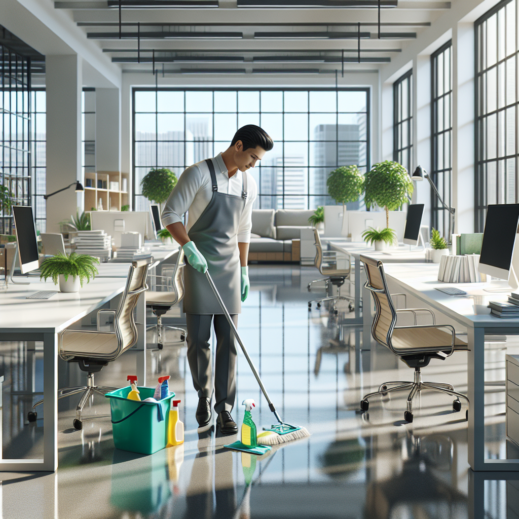 A professional cleaner tidying up a modern office with eco-friendly products.