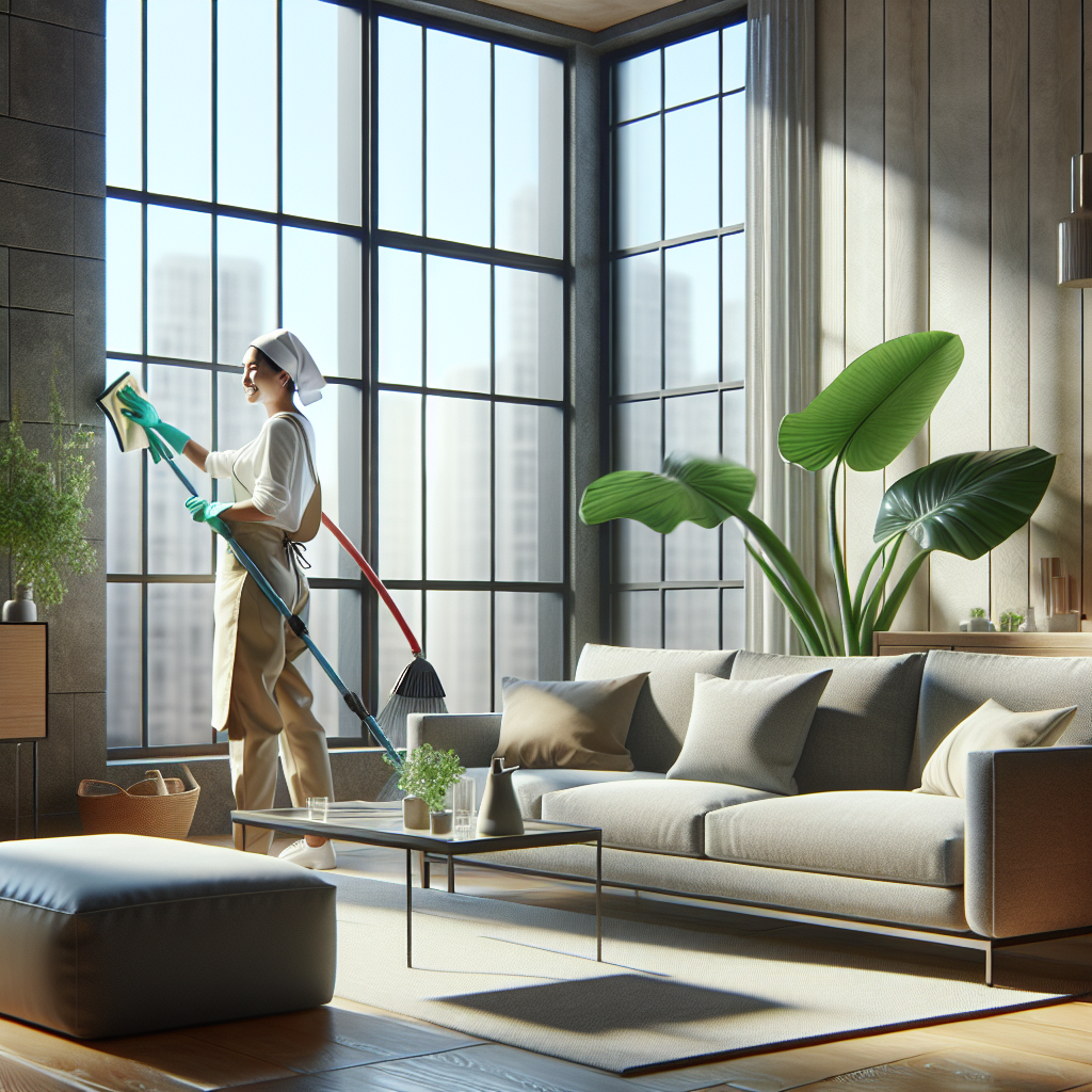 A professional cleaner in a modern living room, cleaning a window with natural light streaming in.