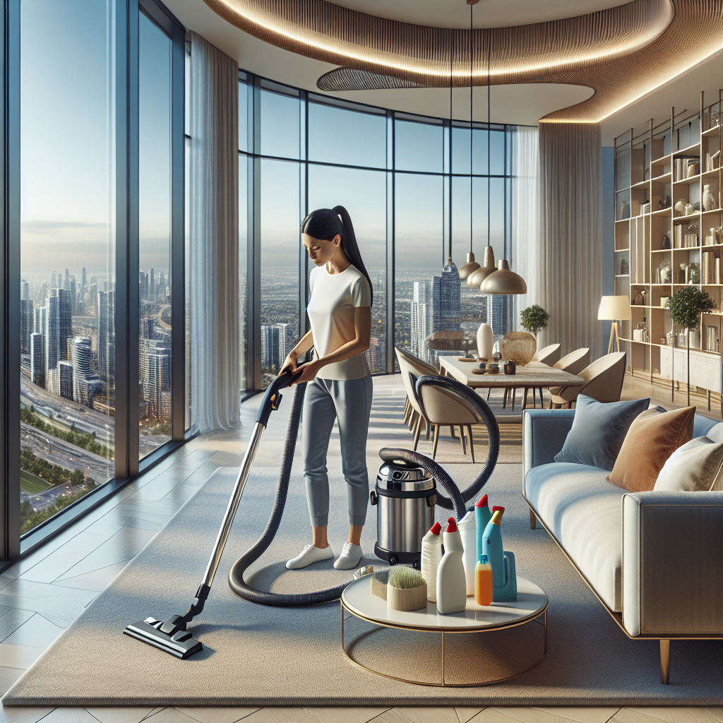 Modern high-rise apartment living room in Edmonton being cleaned by a professional.