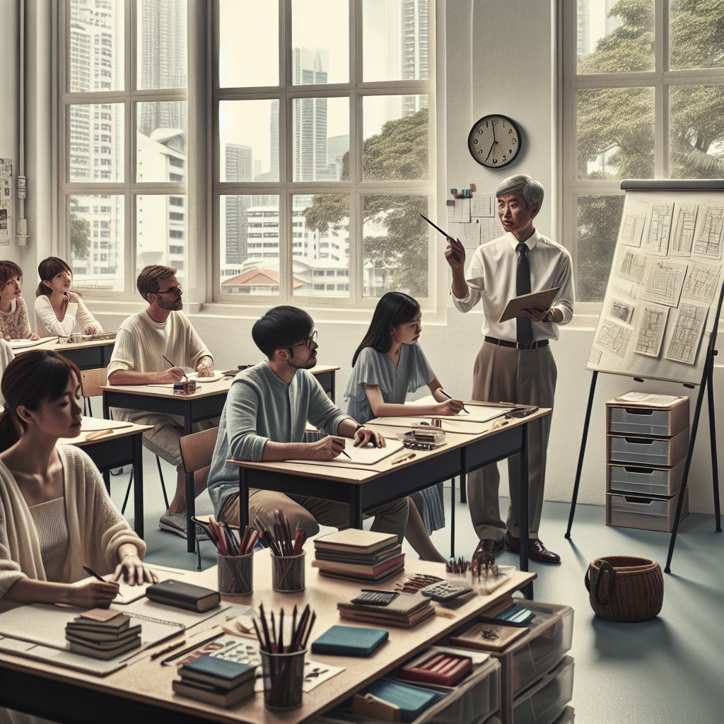 A diverse group of people engaged in a professional organizer course in a modern classroom in Singapore.