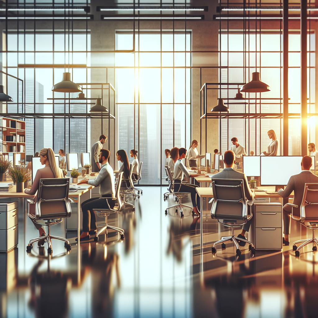 A clean, modern office with ergonomic furniture, natural light, and a diverse team of happy employees.