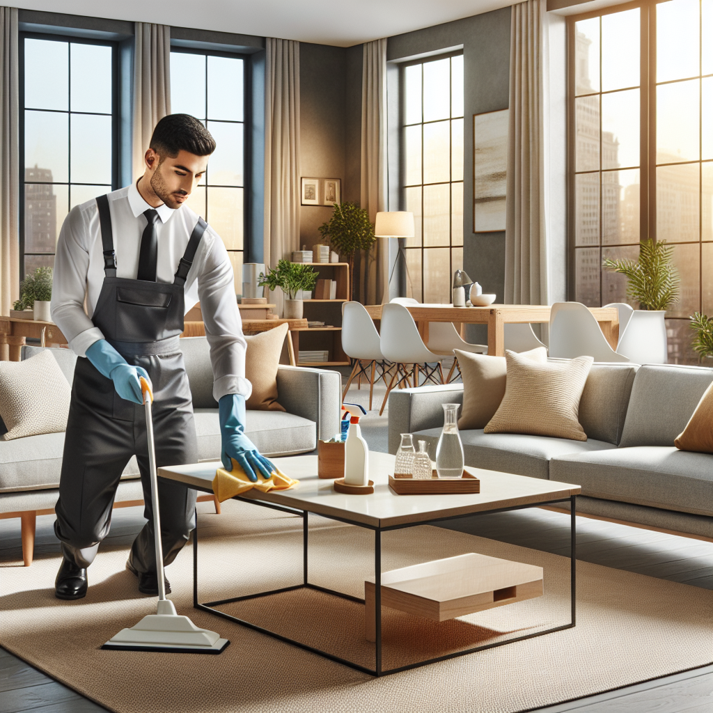 A professional cleaner tidying up a modern, clean living room filled with natural light.