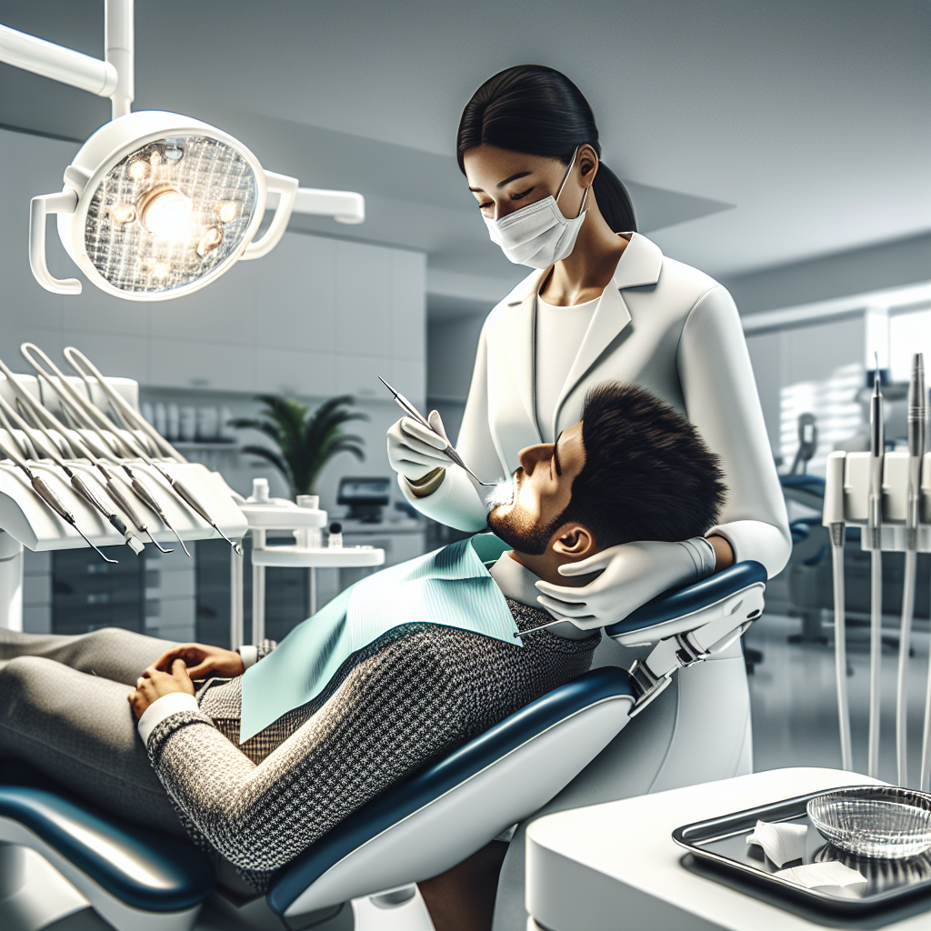 A realistic image of a dentist performing a basic dental cleaning on a patient in a clean, modern dental office.