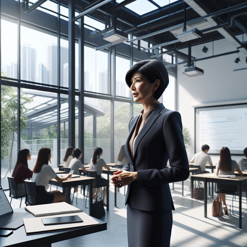 A professional organizer conducting a course in a modern classroom with students.