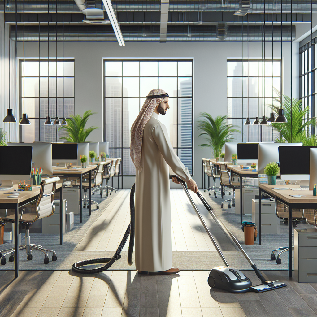 A clean and organized modern office with a person cleaning, showcasing a tidy workspace environment.