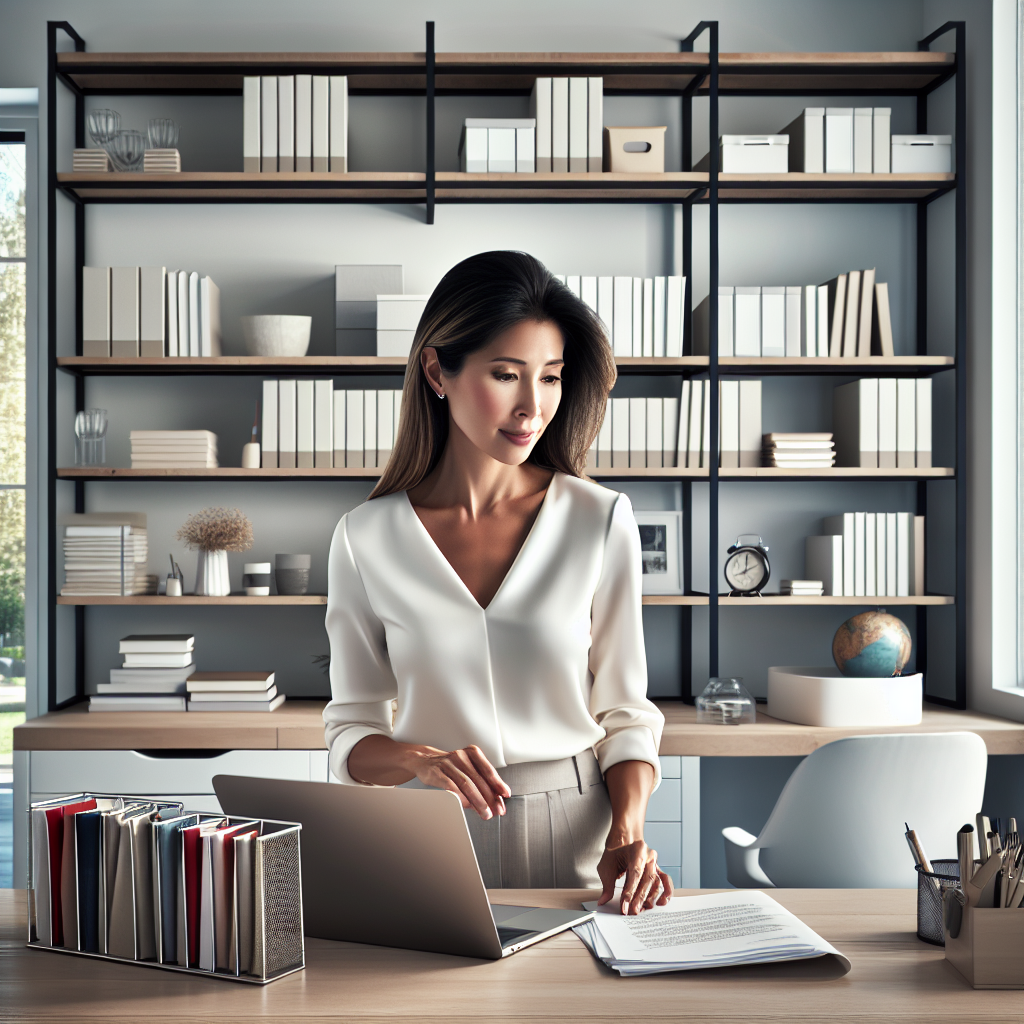 A professional organizer arranging books and files in a neat home office.