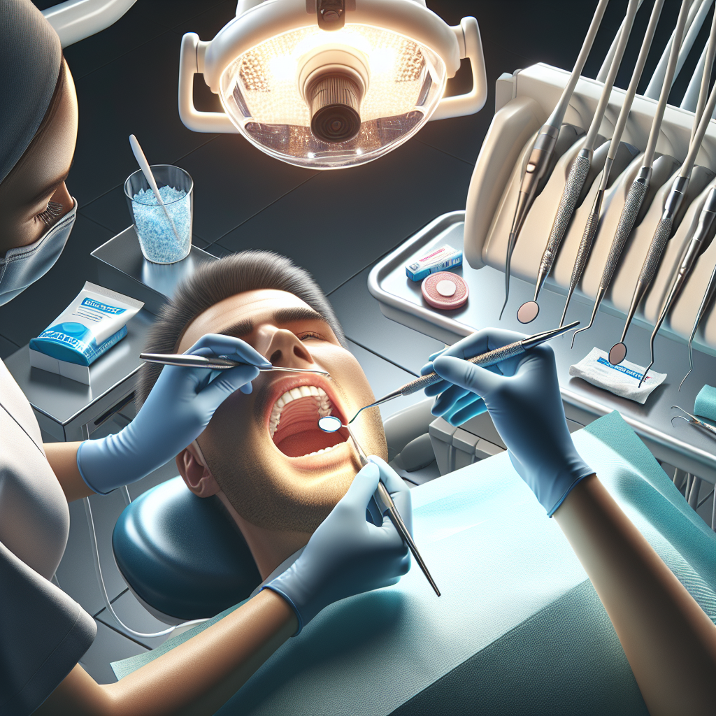 A dental hygienist performing a cleaning procedure on a patient in a modern dental office.