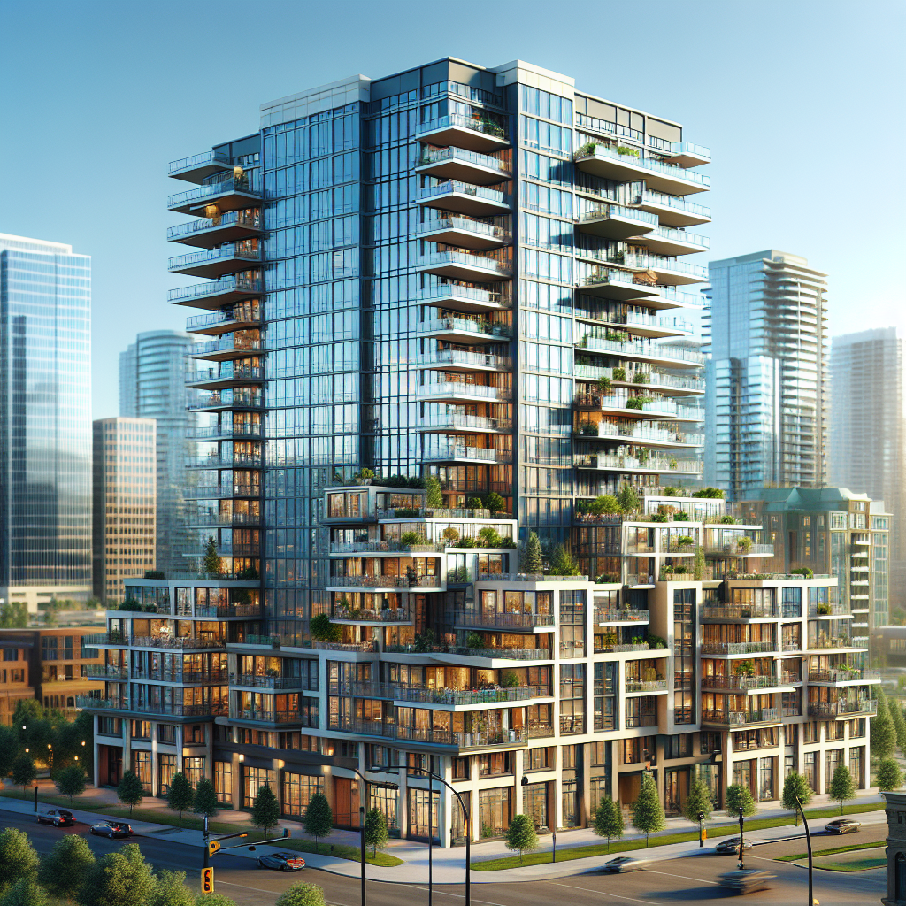 A modern high-rise apartment building in Edmonton with clear blue skies and urban surroundings.