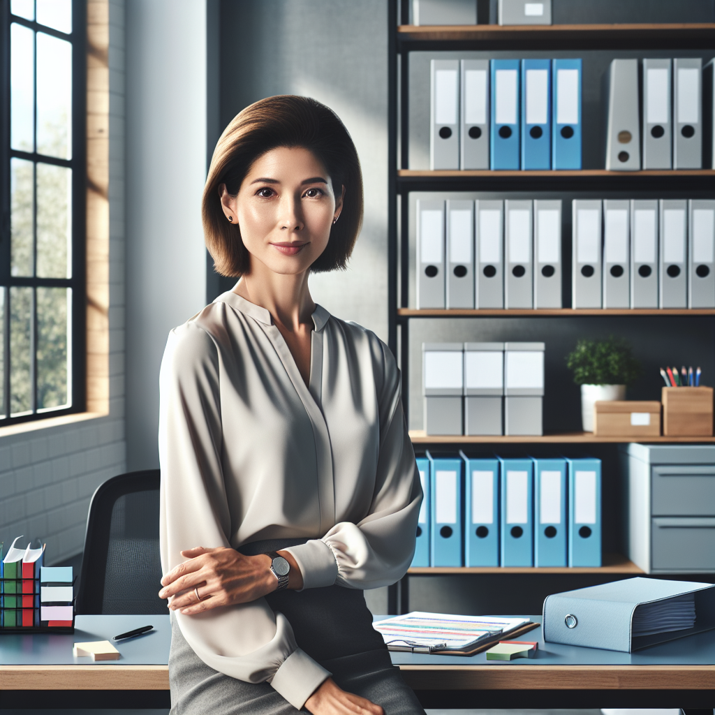 A professional organizer working in a neatly arranged office space with organized files and stationery.