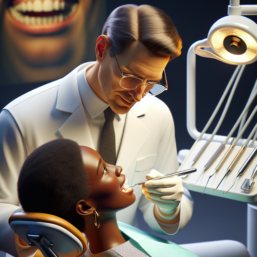 Realistic depiction of a dentist performing a basic dental cleaning.