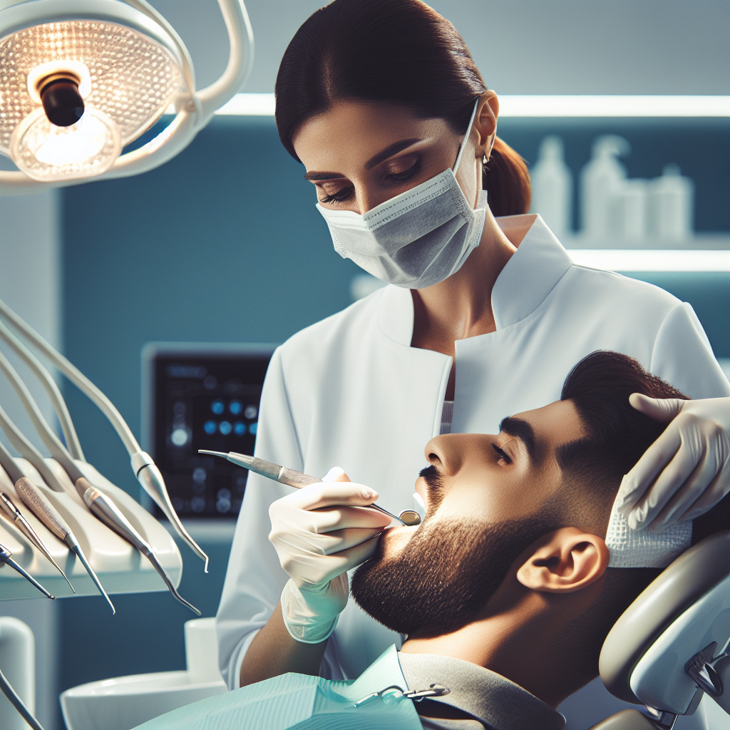 A dentist performing a basic dental cleaning in a modern dental office.