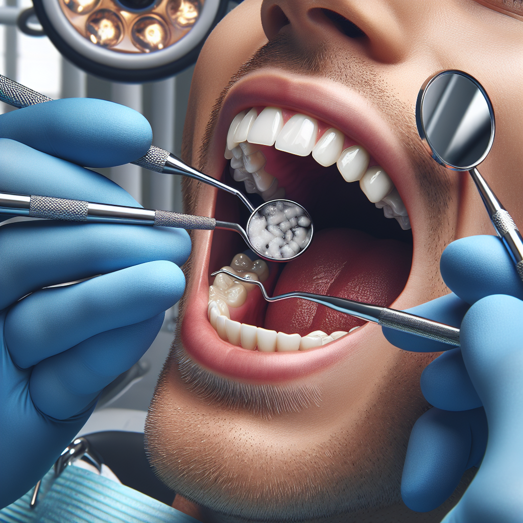 Close-up of a dental cleaning procedure with dentist's hands using tools on a patient's teeth in a dental clinic.