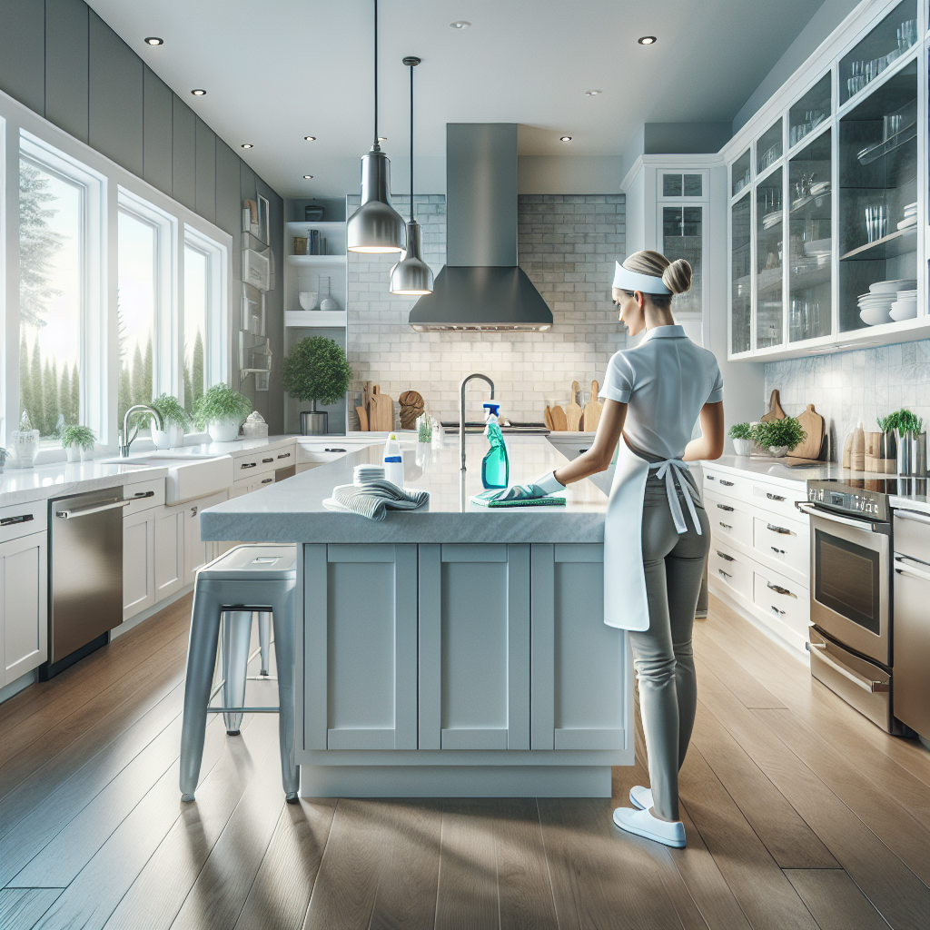 A modern, spotless kitchen in Edmonton with a cleaning professional ensuring everything is shiny and well-organized.