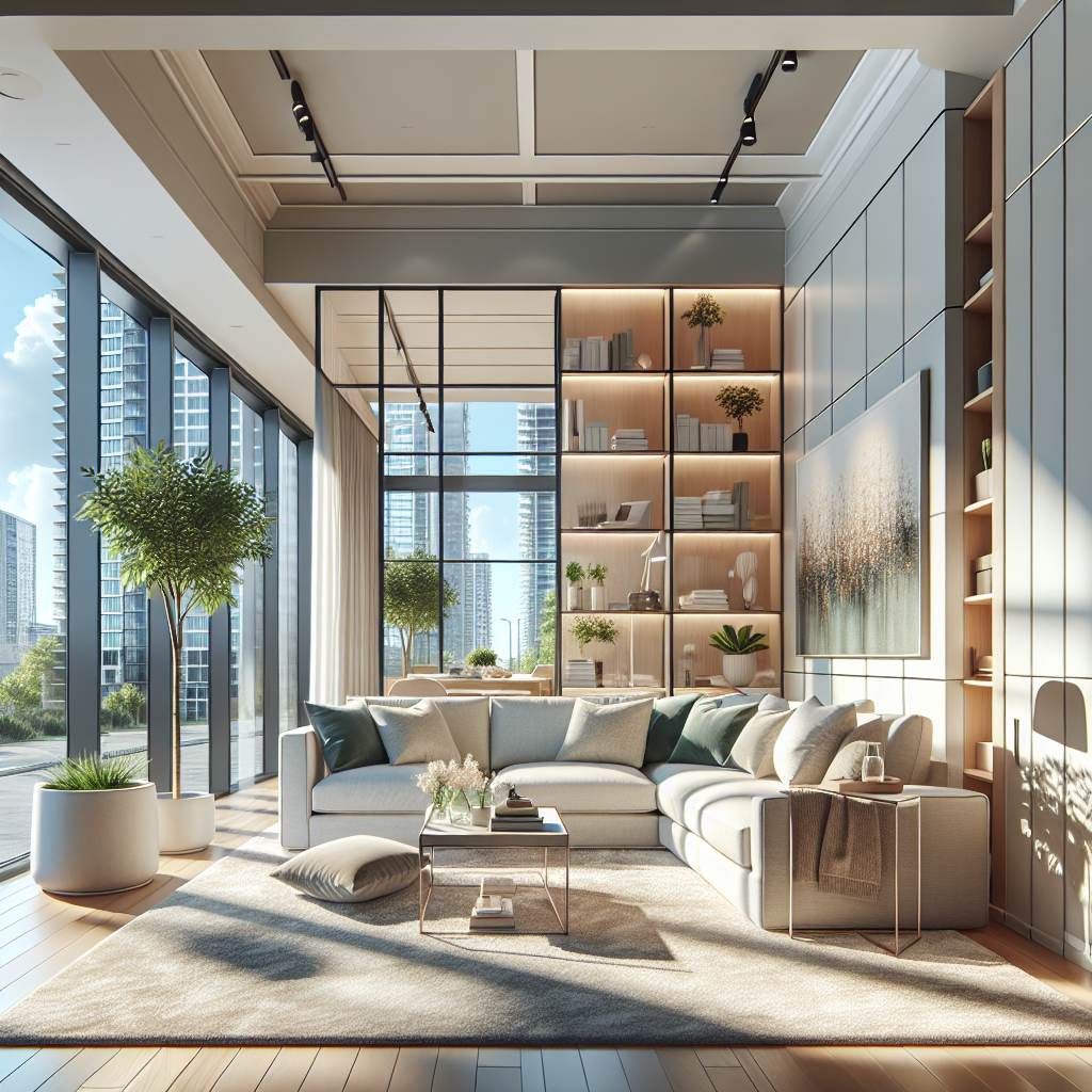 A clean, well-organized modern living room in Edmonton, featuring a tidy sofa, coffee table, plants, and soft natural lighting.