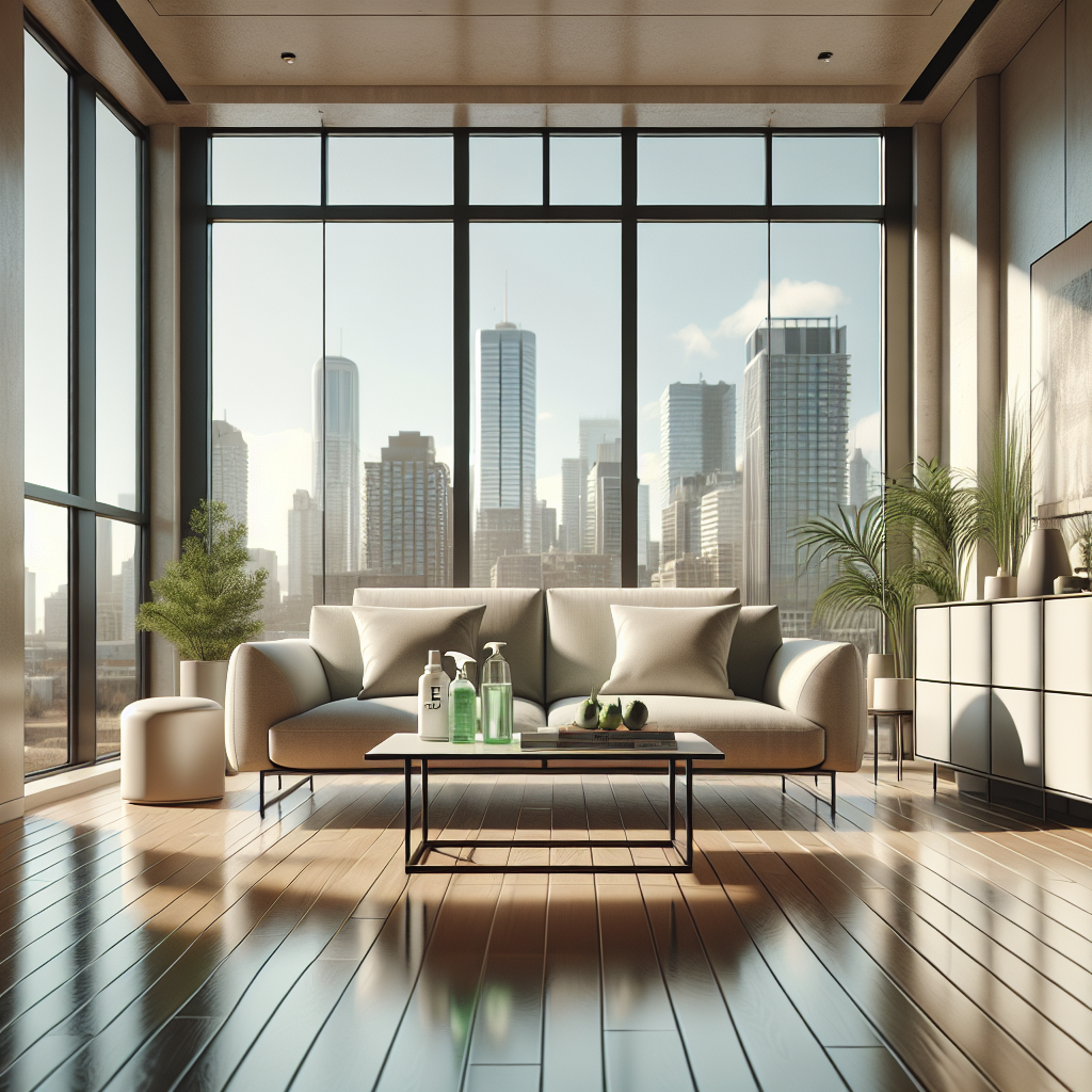 A modern, clean living room in Edmonton with a comfortable sofa, polished hardwood floor, and eco-friendly cleaning products on a coffee table.