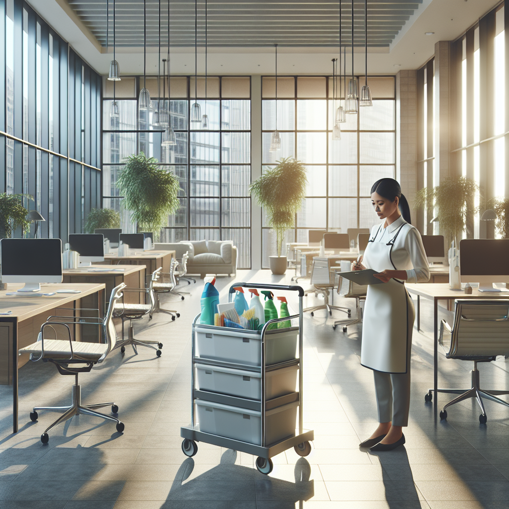 Professional cleaners in a tidy, modern office setting.