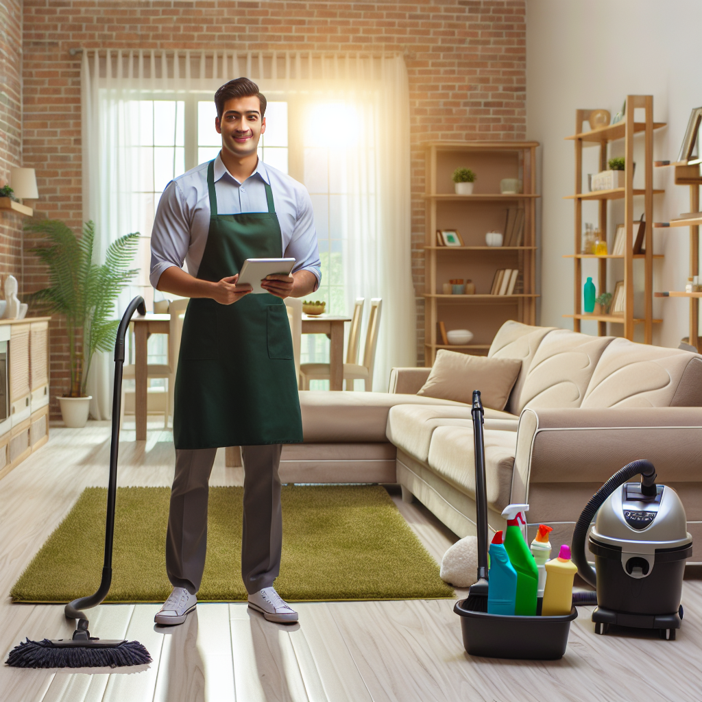 A professional cleaner tidying a living room with various cleaning tools, emphasizing the concept of house cleaning costs.