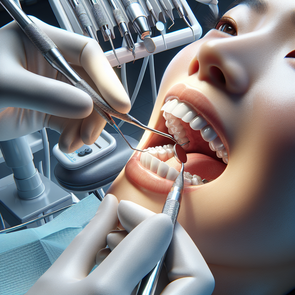 A dentist performing a deep cleaning procedure on a patient's teeth in a modern clinic.