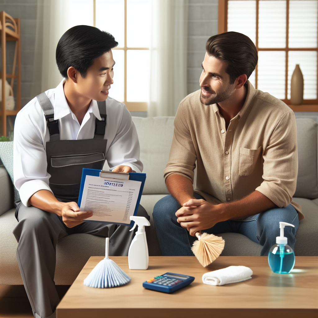 A professional cleaner in uniform and a homeowner discussing house cleaning wages in a clean, well-lit living room.