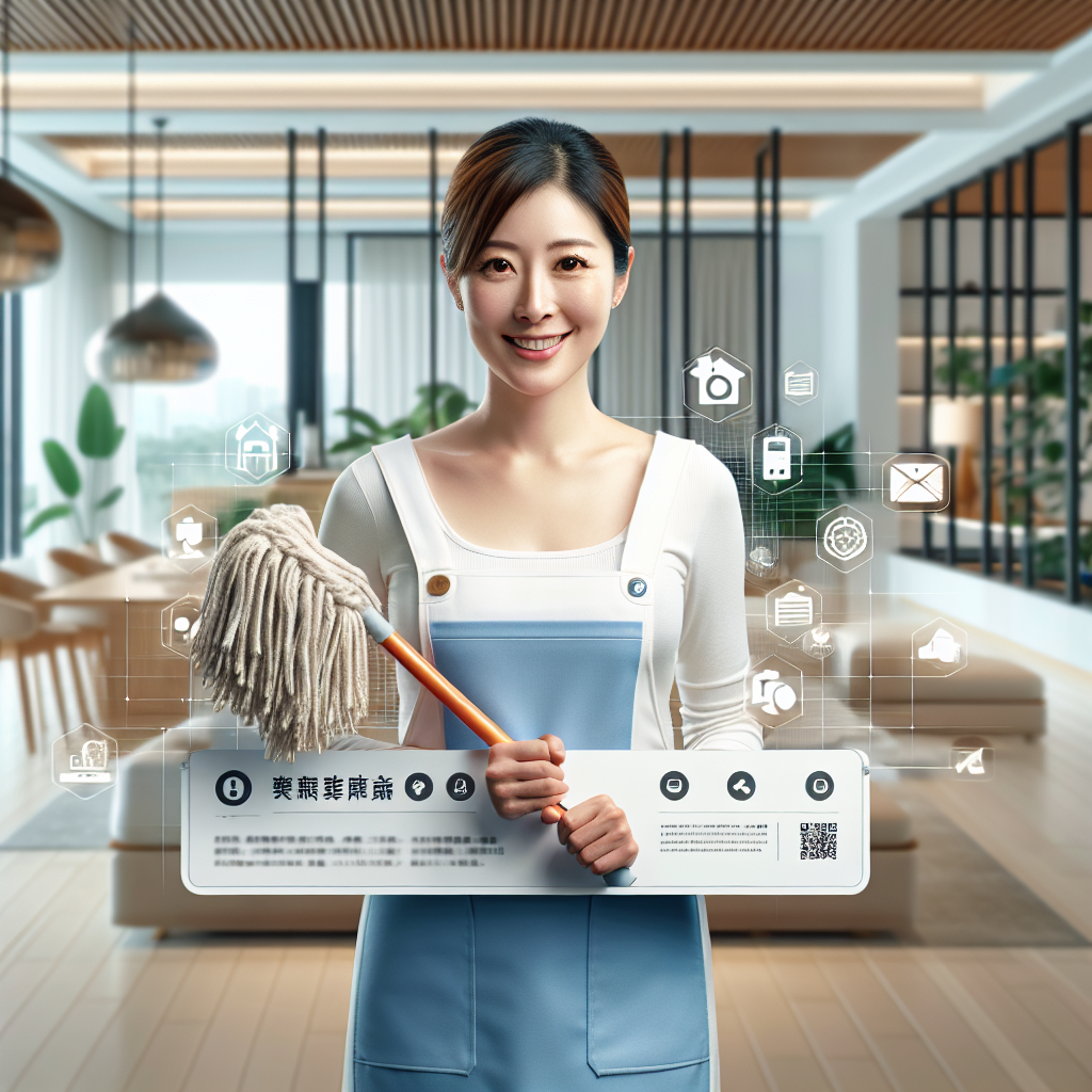 Illustration of house cleaning advertising with a professional cleaner and marketing icons.