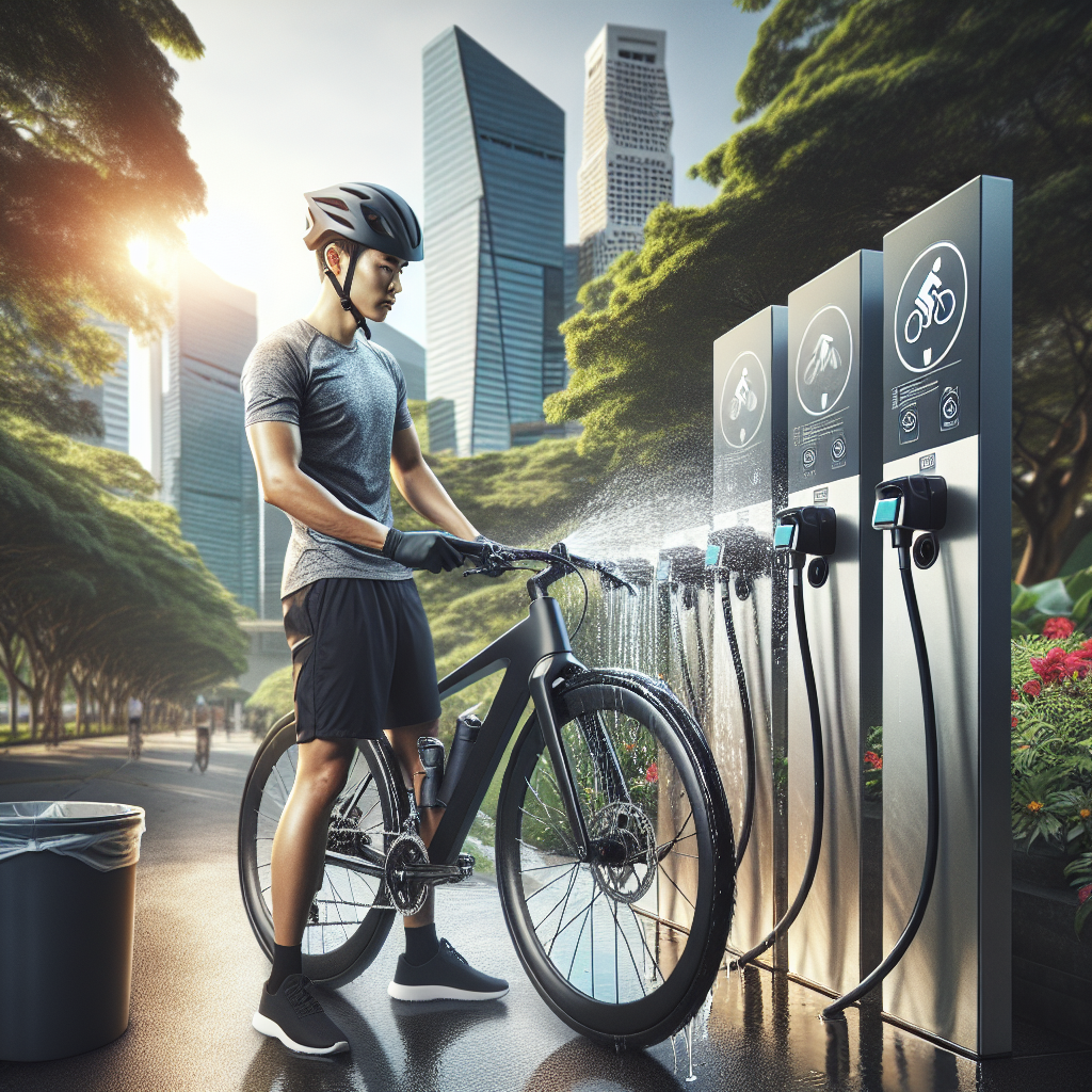 Cyclist washing their bike at an eco-friendly self-service bike cleaning station in Singapore.