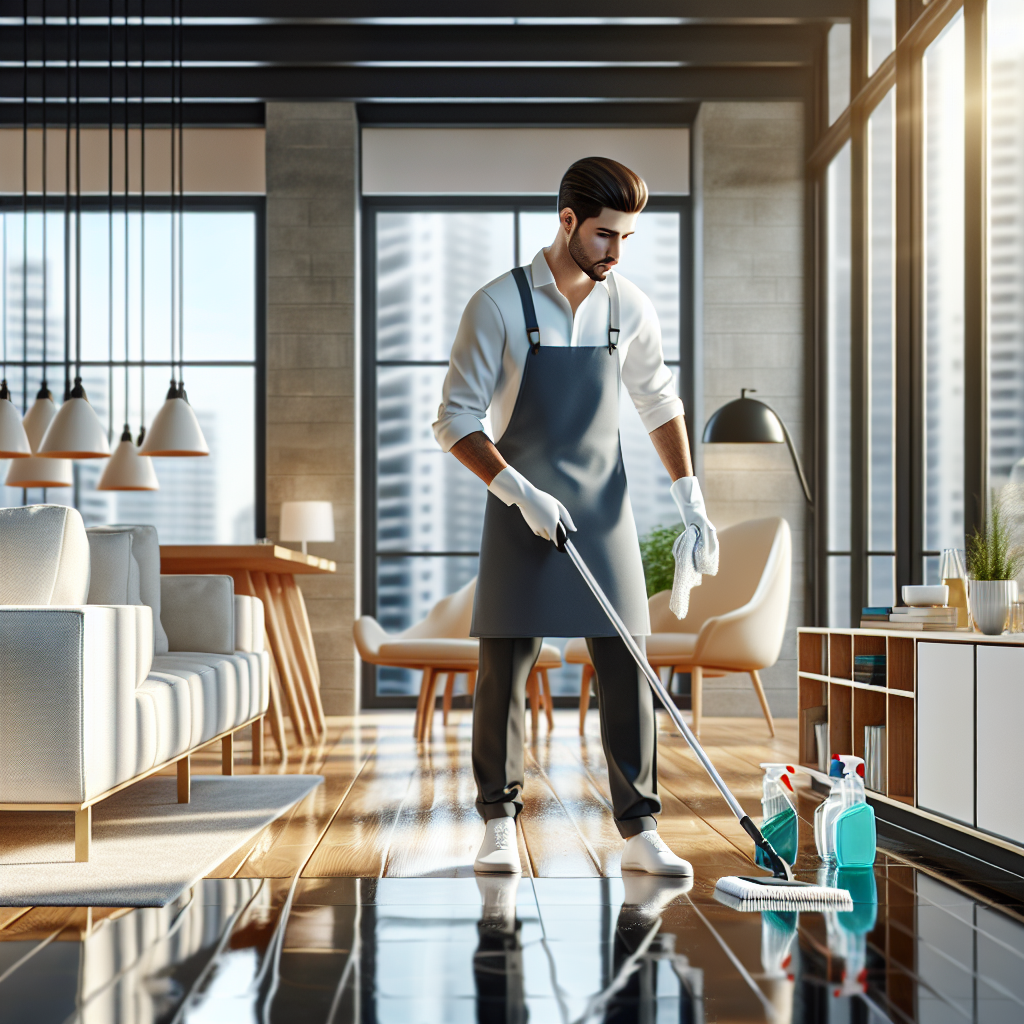 A professional house cleaner in uniform cleaning a modern living room with eco-friendly products.