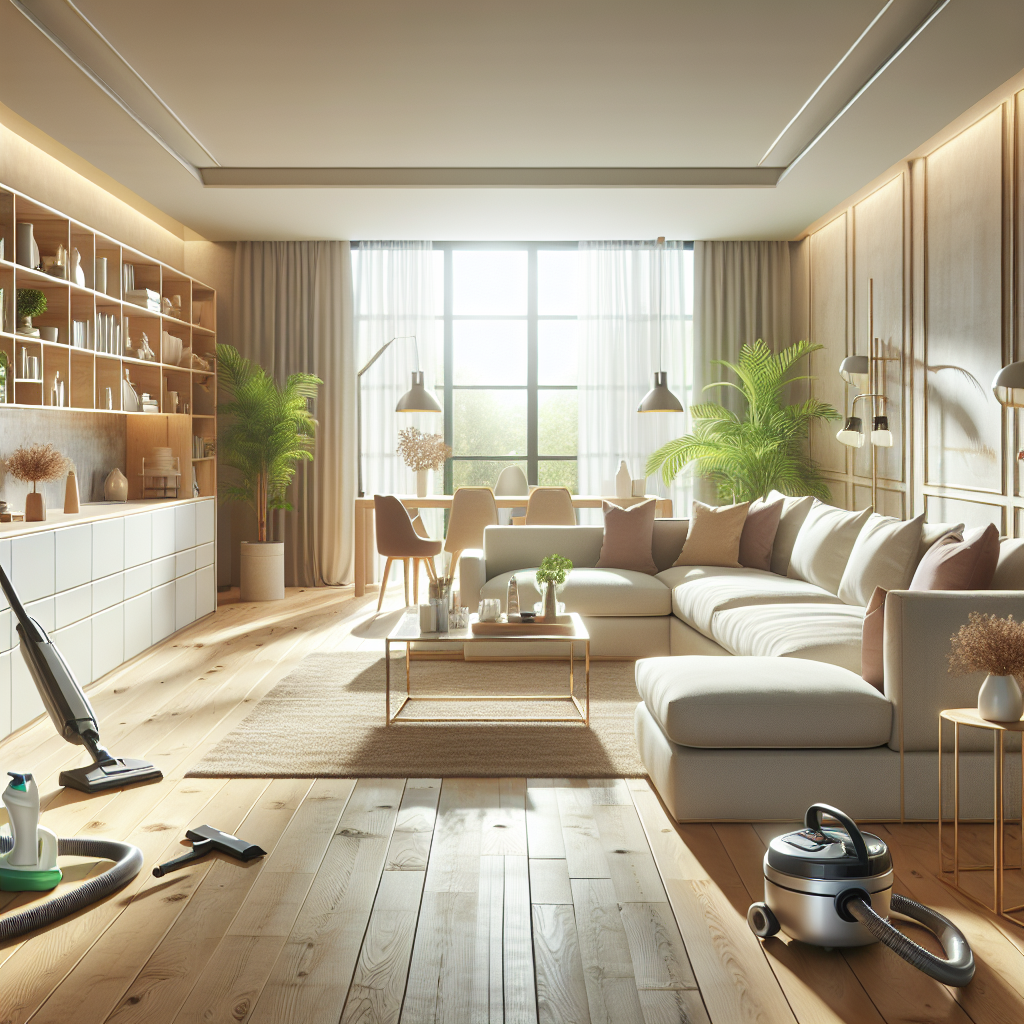 A realistic clean and organized living room with cleaning supplies and a vacuum cleaner.