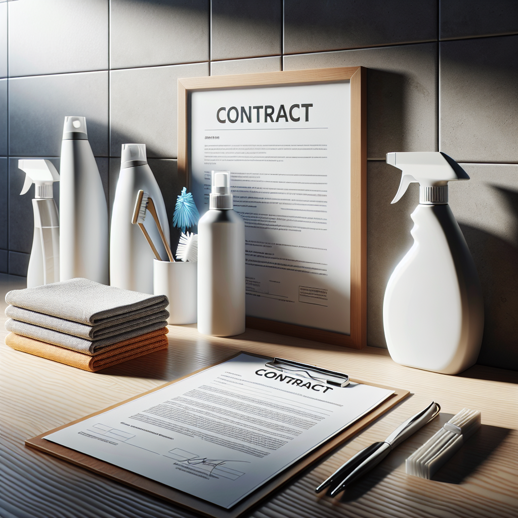 A professional cleaning contract setup with eco-friendly cleaning supplies on a modern wooden desk.