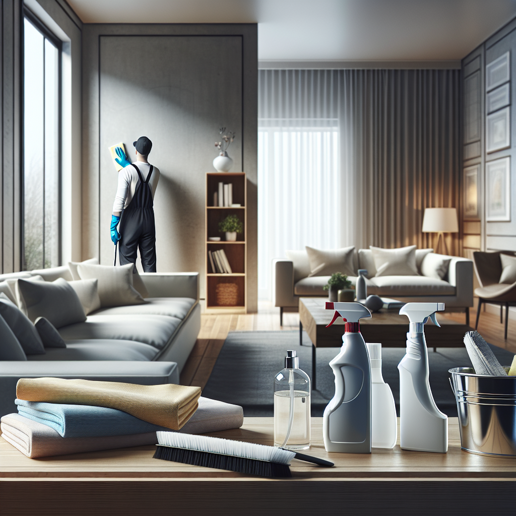 A clean modern living room with cleaning supplies on a coffee table and a professional cleaner working in the background.