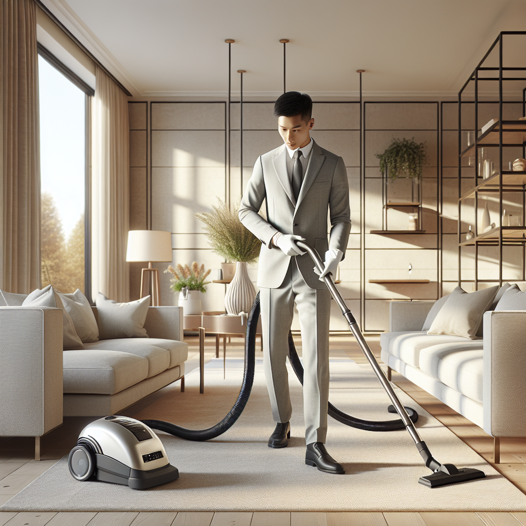 A professional cleaner vacuuming a modern living room.