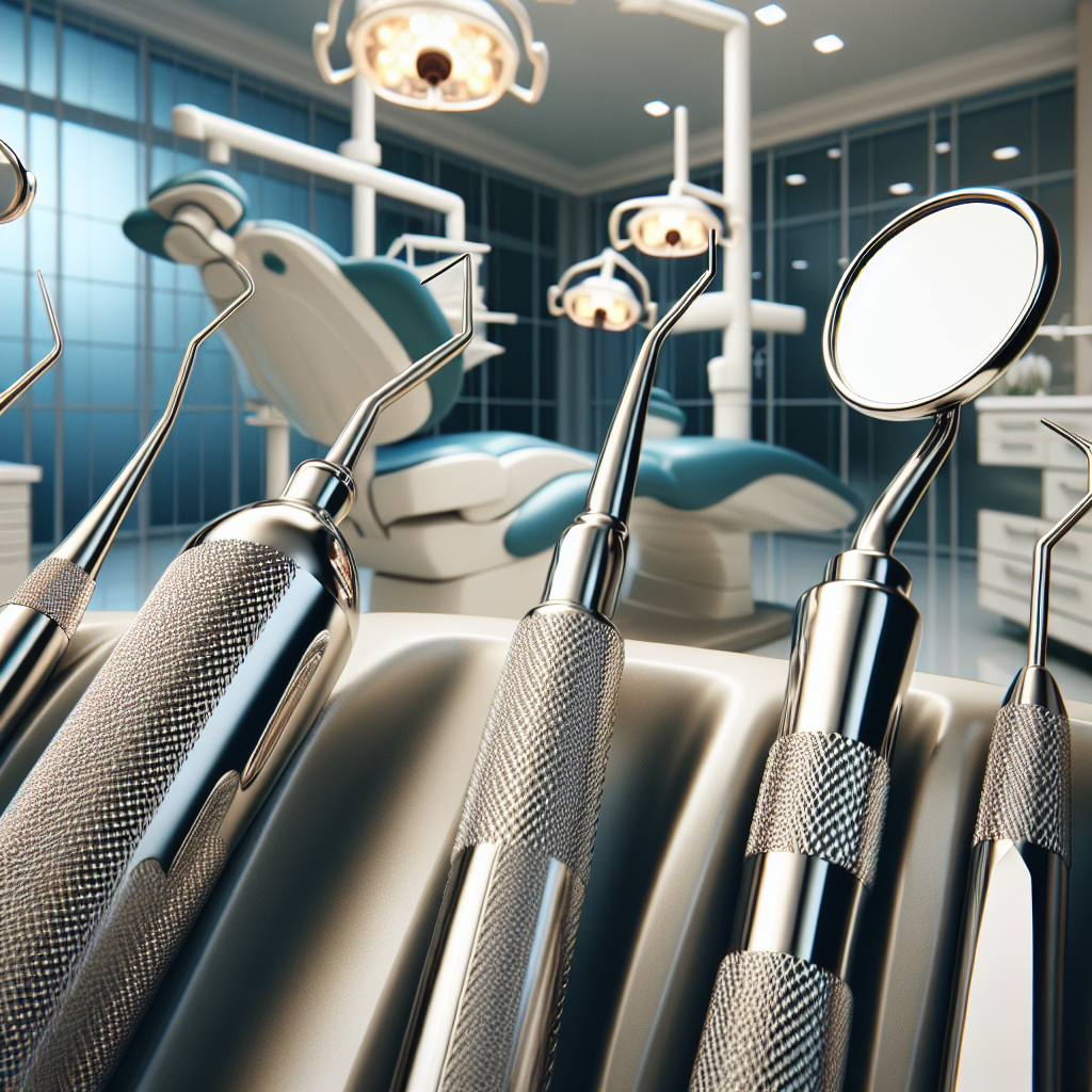 Close-up view of dental tools and equipment in a modern dental office.