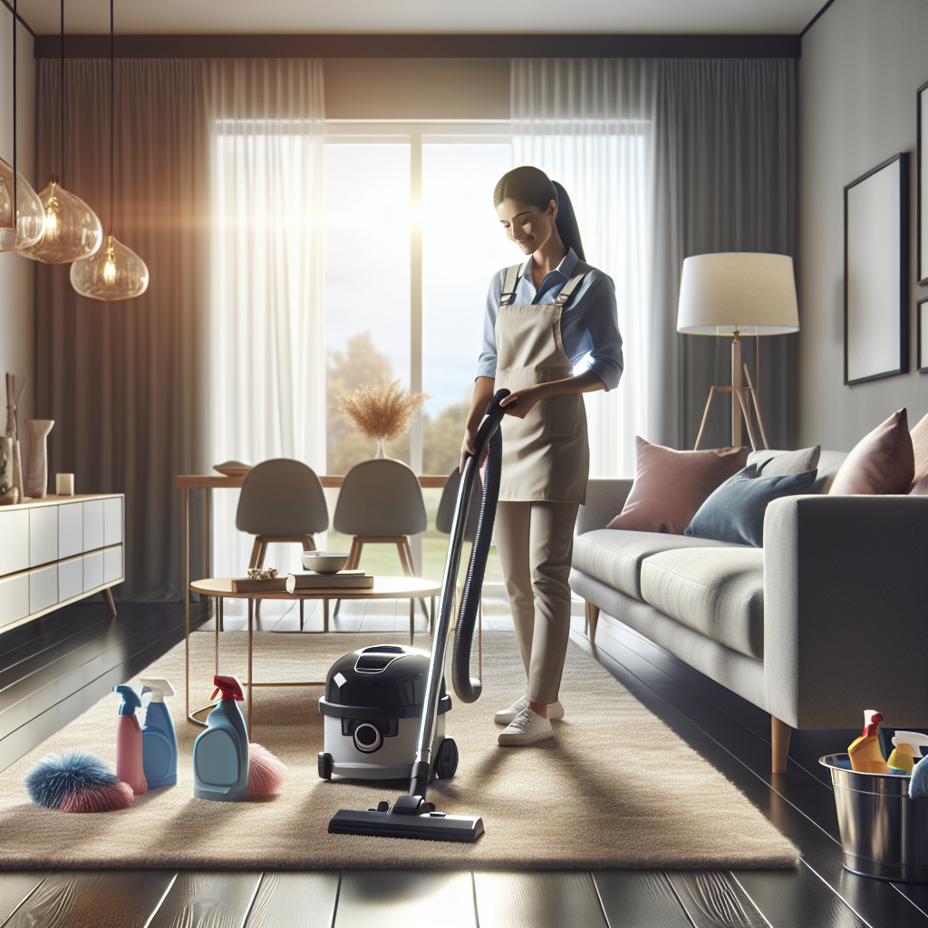 A professional cleaner vacuuming a modern living room with cleaning tools nearby.