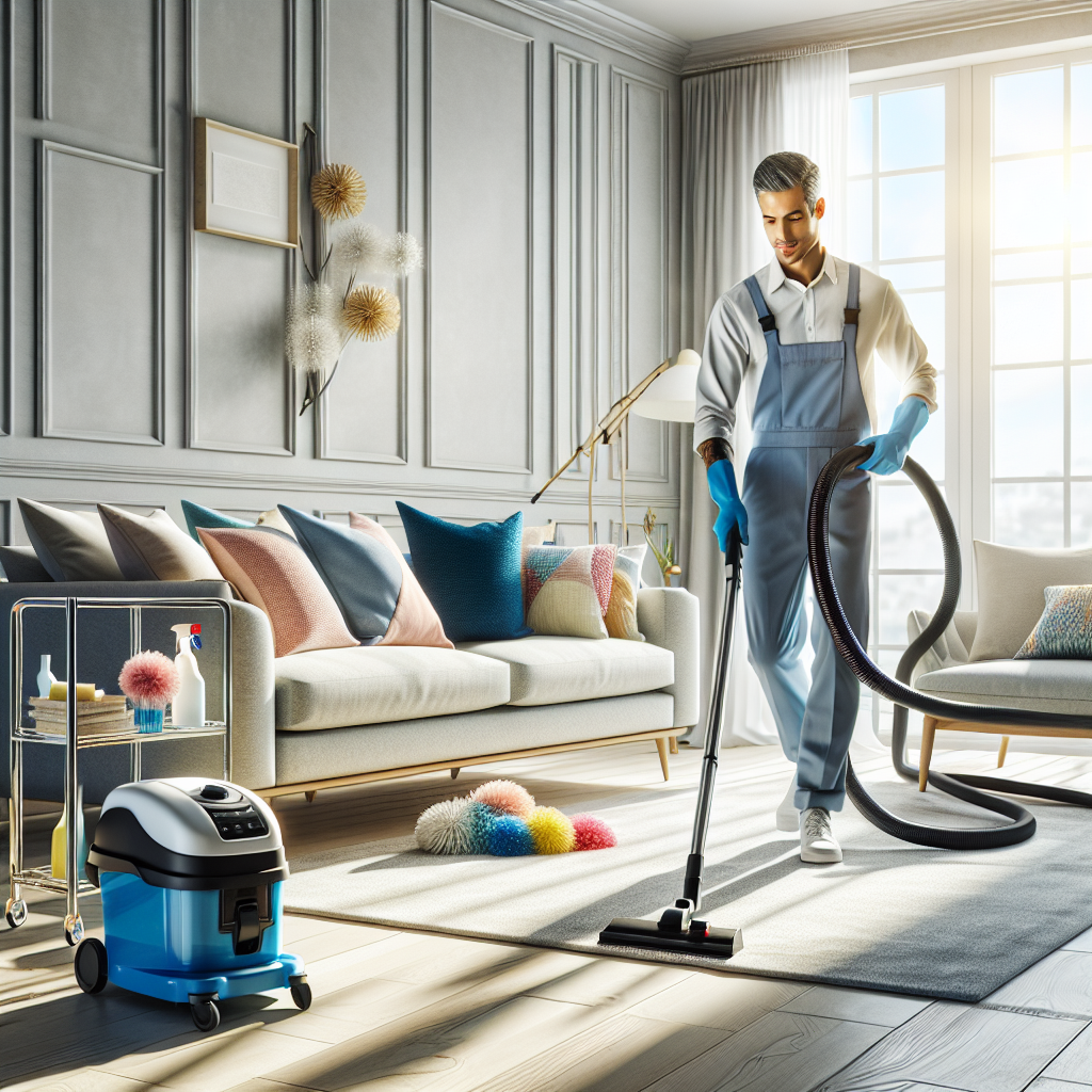 A professional cleaner dusting a modern living room with cleaning supplies and a vacuum cleaner in the foreground.