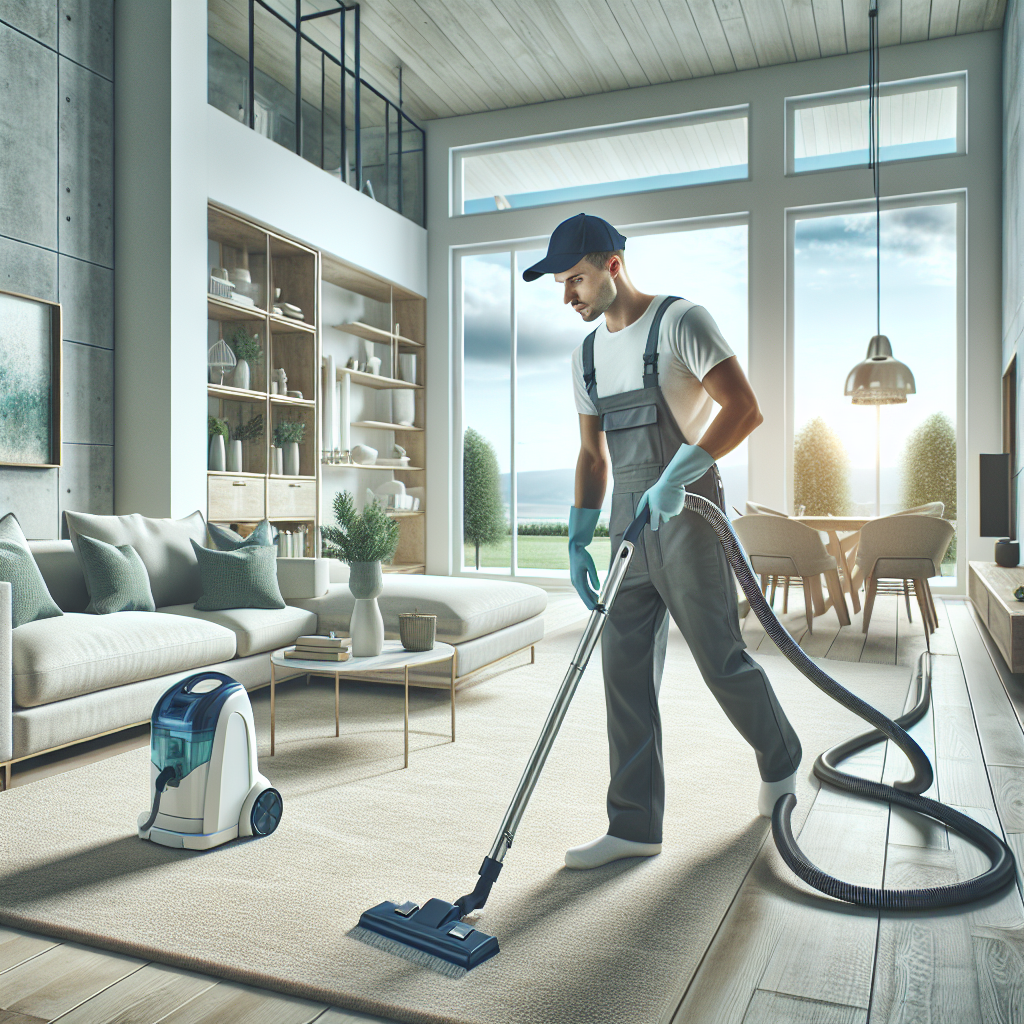 A professional cleaner vacuuming the living room carpet in a modern, spacious home.