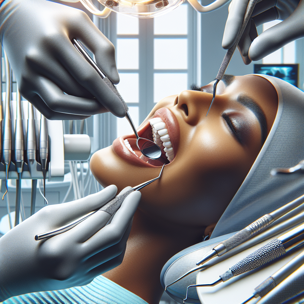 A realistic depiction of a dentist performing a deep cleaning on a patient's teeth in a modern dental office.