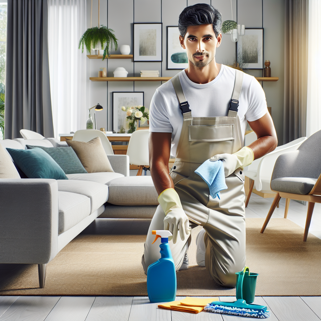 Professional house cleaner working in a tidy, well-furnished living room.