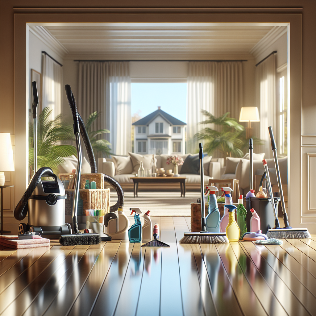 A realistic clean living room scene with cleaning tools, symbolizing average house cleaning costs.