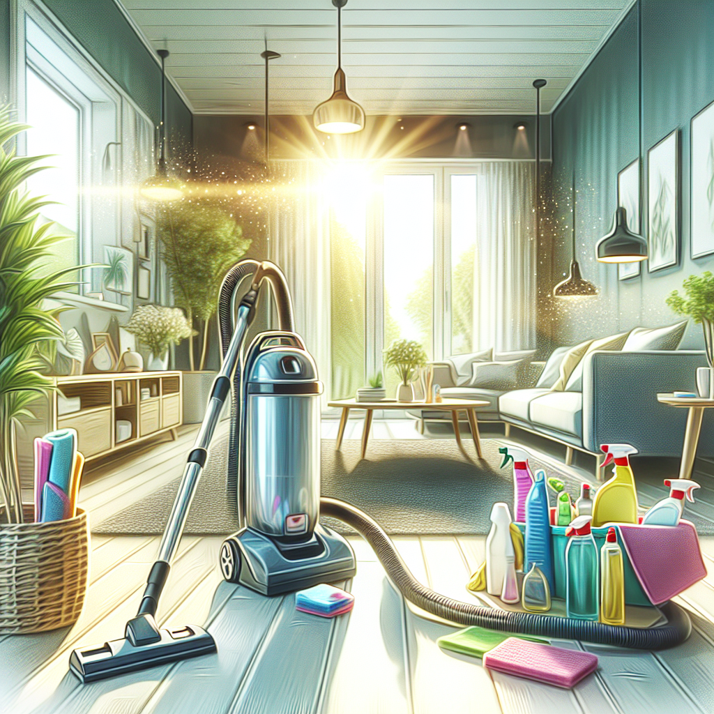 A modern, clean living room with cleaning supplies neatly arranged.